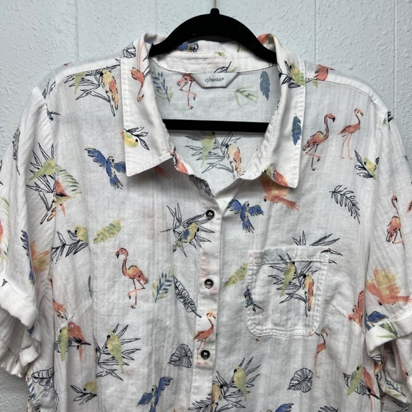 CJ Banks Bird Print Gauzy Button Shirt Womens 3X Novelty Beach Coastal Nautical - Picture 3 of 11